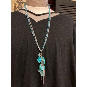 Adjustable, Double Stranded Necklace Turquoise beads and stone drop, Silver Chai